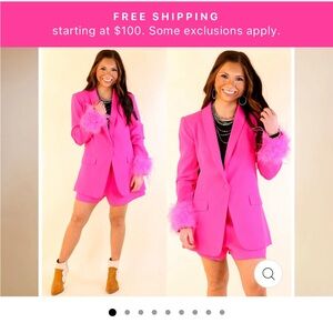 Buddy Love Vibrant Pink Blazer (S) with Feather Accents and Shorts (S)